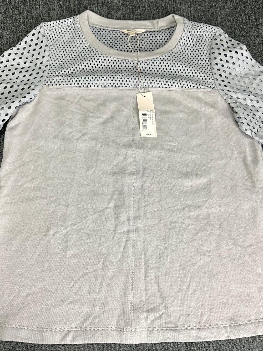 Rebecca Taylor Gray Perforated Leather Cotton Knit Crew Neck Top Womens 6 New